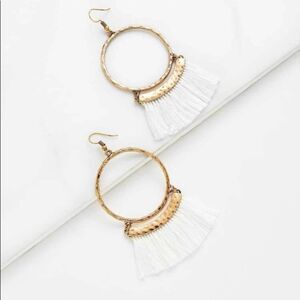 Bohemian White Fringe Tassel Gold Hoop Earrings